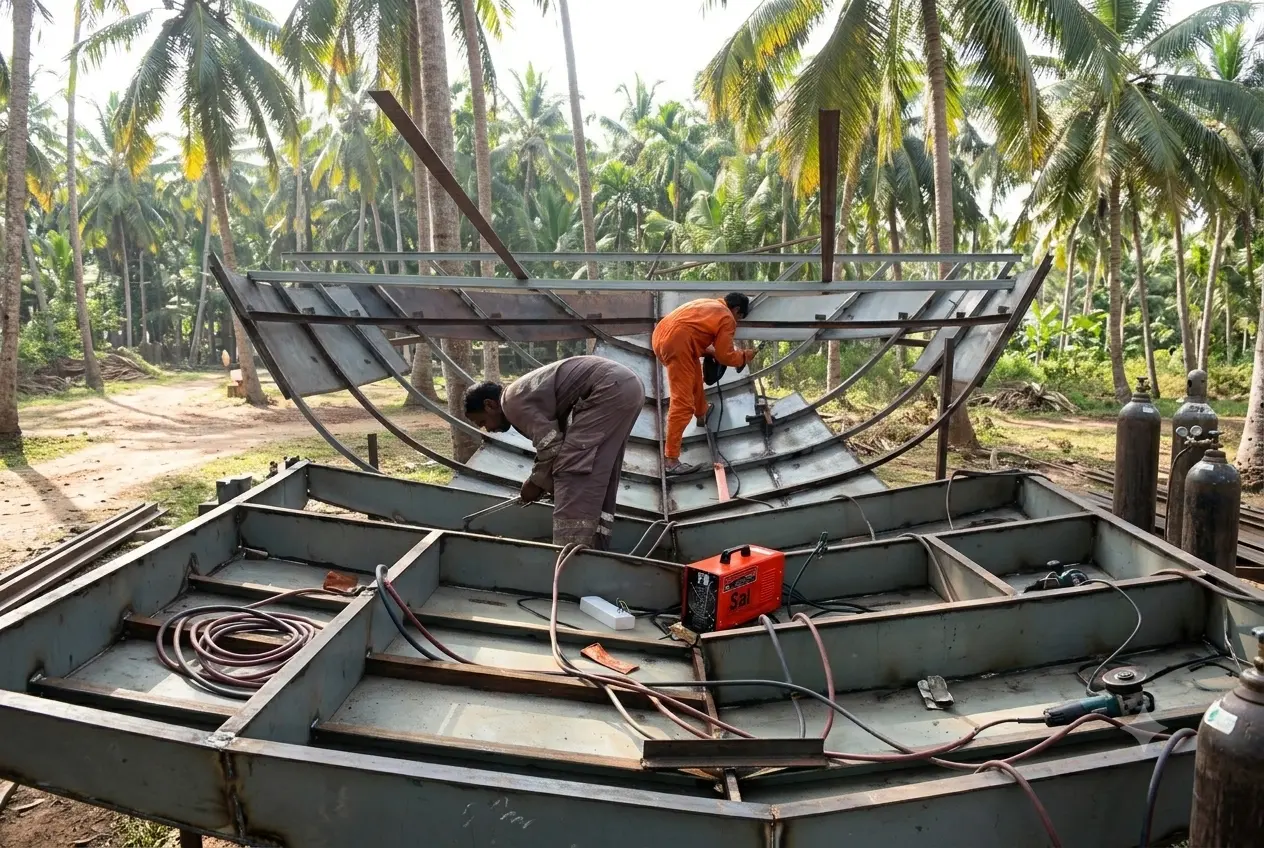 Alt Text: Boat Manufacturers in India – Oshiva Marine building high-quality boats in Kerala.